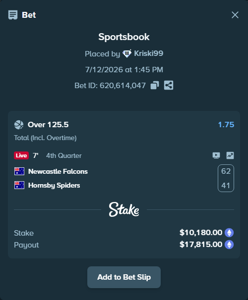 Bet slip: Newcastle Falcons - Hornsby Spiders, $10,704.33 stake at 1.75 odds, placed by Kriski99