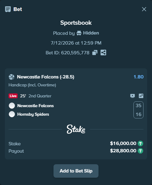 Bet slip: Newcastle Falcons - Hornsby Spiders, $16,016.00 stake at 1.80 odds, placed by Hidden