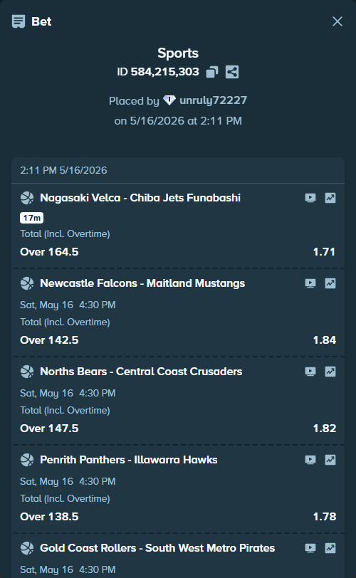 Bet slip: Newcastle Falcons - Maitland Mustangs, $10,011.00 stake at 1.84 odds, placed by unruly72227