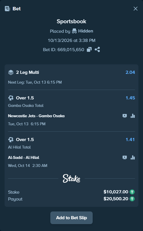 Bet slip: Newcastle Jets - Gamba Osaka, $10,037.03 stake at 1.45 odds, placed by Hidden