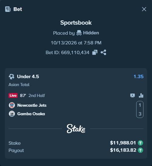 Bet slip: Newcastle Jets - Gamba Osaka, $12,000.00 stake at 1.35 odds, placed by Zuko223