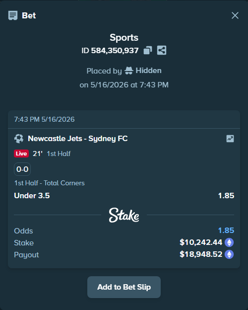 Bet slip: Newcastle Jets - Sydney FC, $8,175.75 stake at 1.85 odds, placed by Hidden