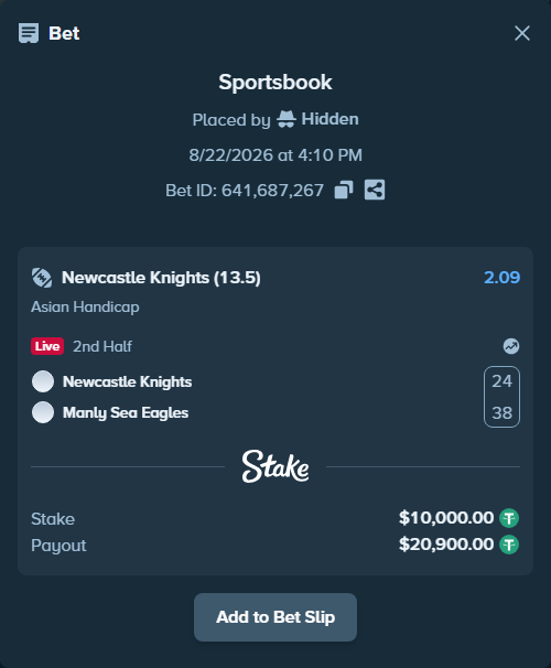 Bet slip: Newcastle Knights - Manly Sea Eagles, $10,000.00 stake at 2.09 odds, placed by Hidden