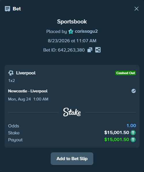 Bet slip: Newcastle - Liverpool, $15,000.00 stake at 1.89 odds, placed by carissagu2