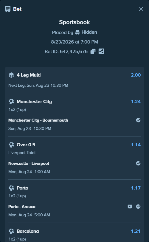 Bet slip: Newcastle - Liverpool, $15,000.00 stake at 1.14 odds, placed by Hidden