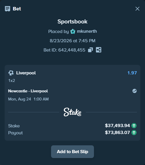 Bet slip: Newcastle - Liverpool, $37,493.94 stake at 1.97 odds, placed by mkunerth