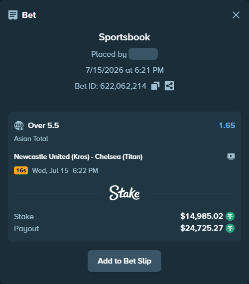 Bet slip: Newcastle United (Kros) - Chelsea (Titan), $15,000.00 stake at 1.65 odds, placed by wswrj2008