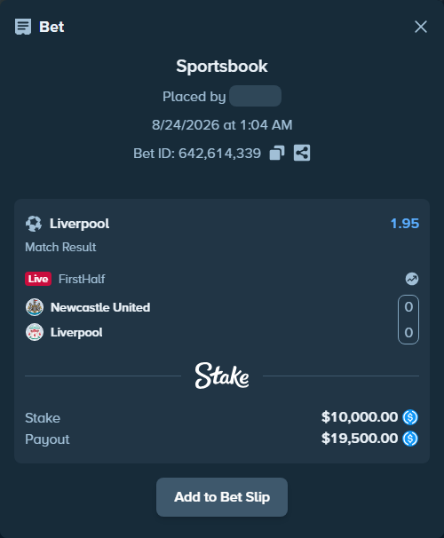 Bet slip: Newcastle United - Liverpool, $10,000.00 stake at 1.95 odds, placed by Armanmoney