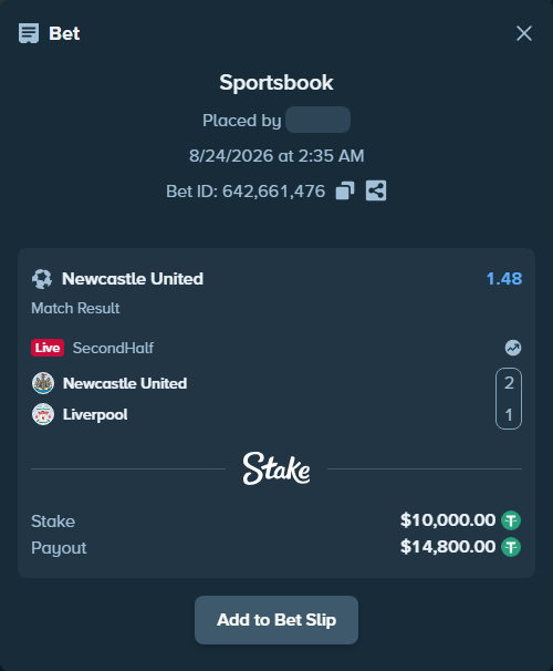 Bet slip: Newcastle United - Liverpool, $10,000.00 stake at 1.48 odds, placed by Petter921