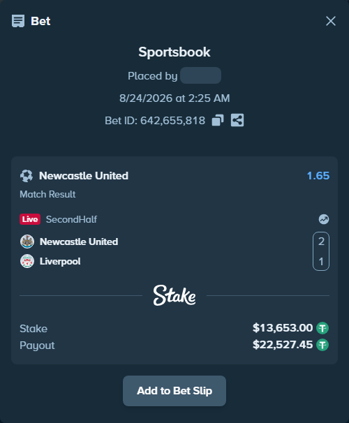 Bet slip: Newcastle United - Liverpool, $13,651.63 stake at 1.65 odds, placed by hanemerl10