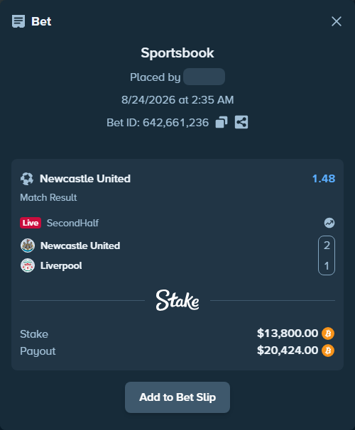 Bet slip: Newcastle United - Liverpool, $13,788.34 stake at 1.48 odds, placed by Hallfkh