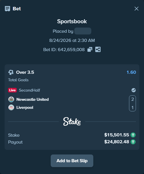 Bet slip: Newcastle United - Liverpool, $15,500.00 stake at 1.60 odds, placed by tlwns4736