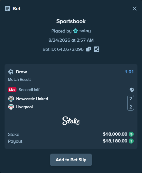 Bet slip: Newcastle United - Liverpool, $18,000.00 stake at 1.01 odds, placed by soloy