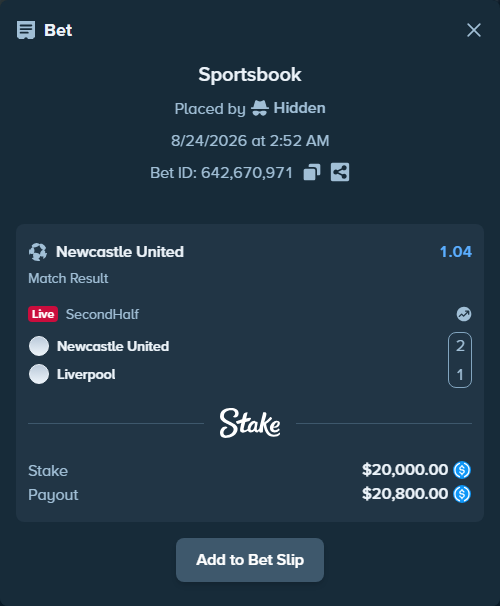 Bet slip: Newcastle United - Liverpool, $20,000.00 stake at 1.04 odds, placed by kolstadjon1