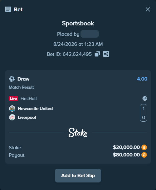 Bet slip: Newcastle United - Liverpool, $20,121.45 stake at 4.00 odds, placed by Jakkobs