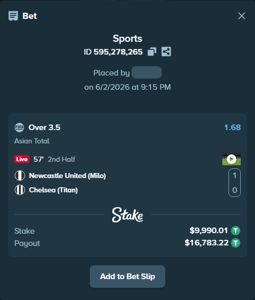 Bet slip: Newcastle United (Milo) - Chelsea (Titan), $10,000.00 stake at 1.68 odds, placed by wswrj2008