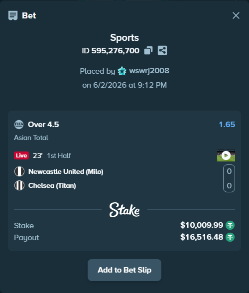 Bet slip: Newcastle United (Milo) - Chelsea (Titan), $10,020.00 stake at 1.65 odds, placed by wswrj2008