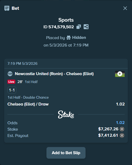 Bet slip: Newcastle United (Ronin) - Chelsea (Eliot), $6,015.62 stake at 1.02 odds, placed by Hidden