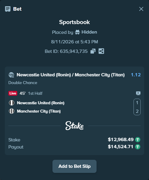Bet slip: Newcastle United (Ronin) - Manchester City (Titan), $12,981.46 stake at 1.12 odds, placed by Hidden