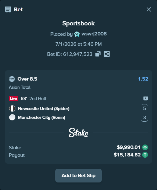 Bet slip: Newcastle United (Spider) - Manchester City (Ronin), $10,000.00 stake at 1.52 odds, placed by wswrj2008