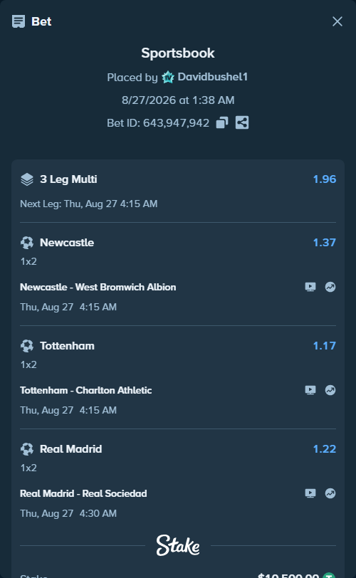 Bet slip: Newcastle - West Bromwich Albion, $10,500.00 stake at 1.37 odds, placed by Davidbushel1