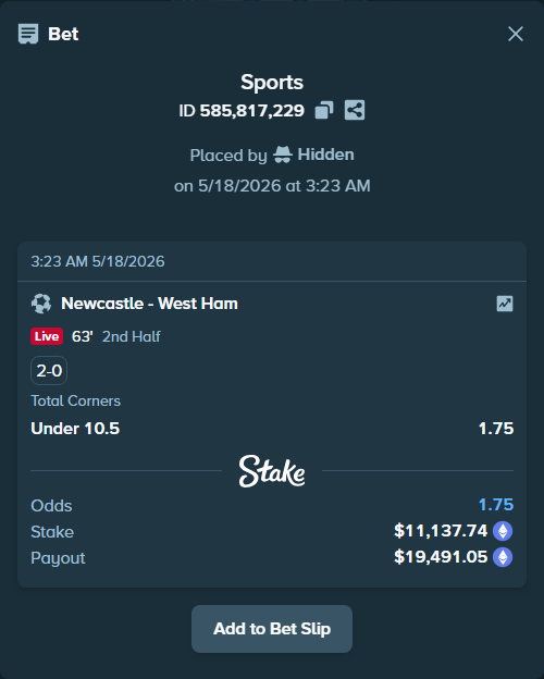 Bet slip: Newcastle - West Ham, $8,861.44 stake at 1.75 odds, placed by Hidden