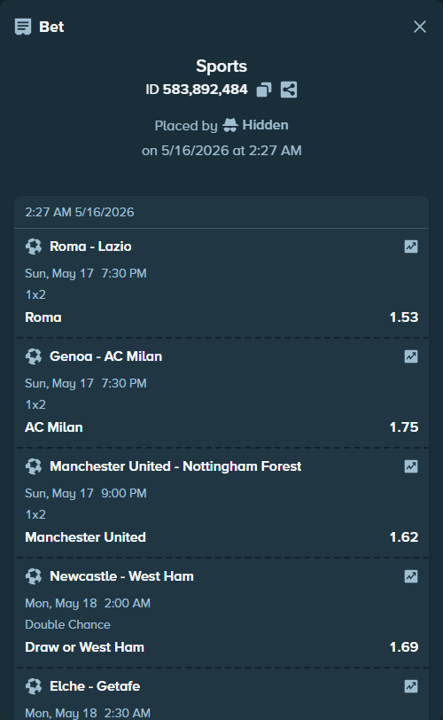 Bet slip: Newcastle - West Ham, $17,210.00 stake at 1.69 odds, placed by Hidden