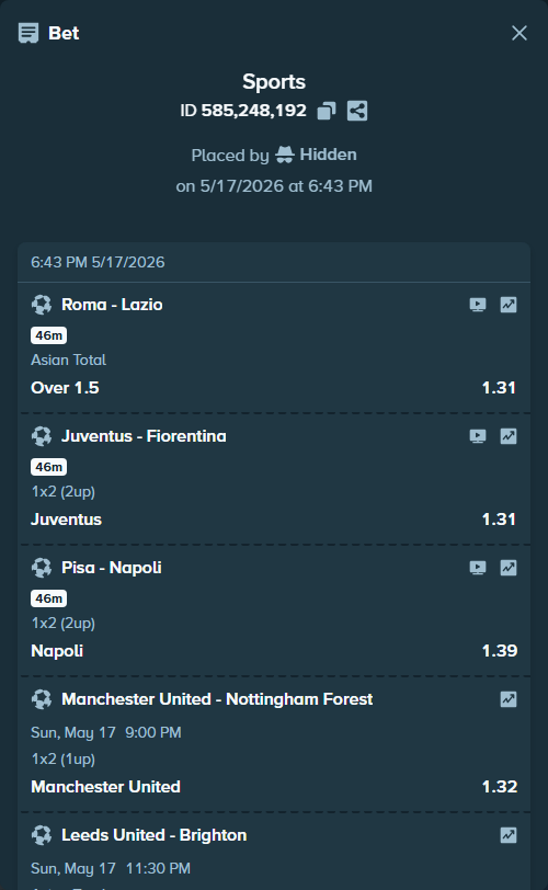 Bet slip: Newcastle - West Ham, $27,500.00 stake at 1.40 odds, placed by Hidden