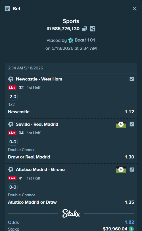 Bet slip: Newcastle - West Ham, $40,000.00 stake at 1.12 odds, placed by Boat1101