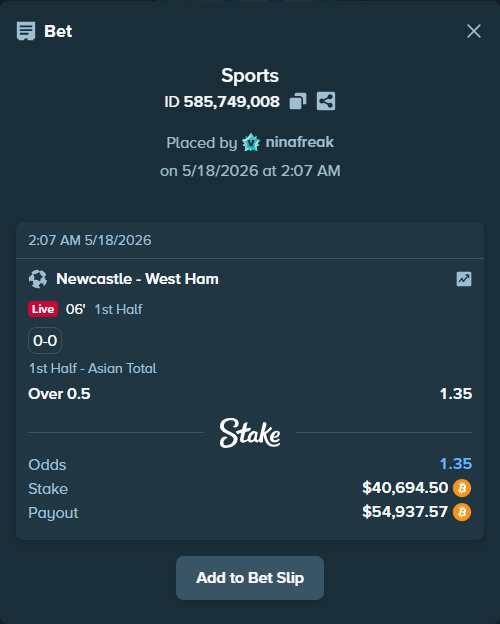 Bet slip: Newcastle - West Ham, $33,460.46 stake at 1.35 odds, placed by ninafreak