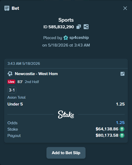 Bet slip: Newcastle - West Ham, $64,203.00 stake at 1.25 odds, placed by sp4ceship