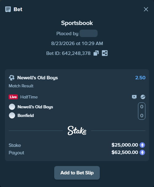 Bet slip: Newell's Old Boys - Banfield, $24,917.35 stake at 2.50 odds, placed by bit2easy1