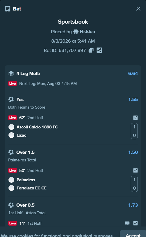 Bet slip: Newells - Boca Juniors, $10,010.00 stake at 1.73 odds, placed by Hidden