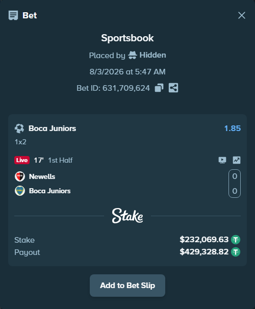 Bet slip: Newells - Boca Juniors, $232,301.70 stake at 1.85 odds, placed by Hidden