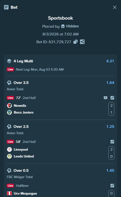 Bet slip: Newells - Boca Juniors, $30,030.00 stake at 1.64 odds, placed by Hidden