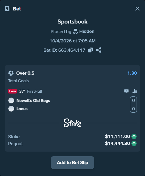 Bet slip: Newells - Lanus, $11,111.00 stake at 1.30 odds, placed by SH7N28