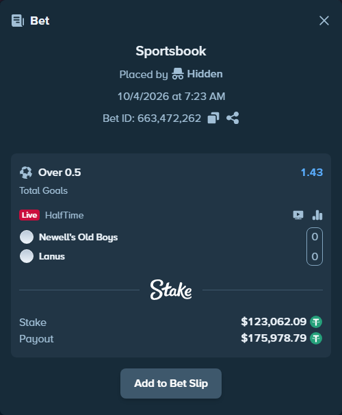 Bet slip: Newells - Lanus, $123,062.09 stake at 1.43 odds, placed by SH7N28
