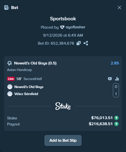 Bet slip: Newells - Velez Sarsfield, $76,013.51 stake at 2.85 odds, placed by ayoflasher