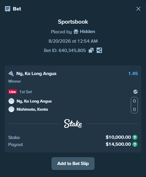 Bet slip: Ng, Ka Long Angus - Nishimoto, Kenta, $10,010.00 stake at 1.45 odds, placed by Hidden