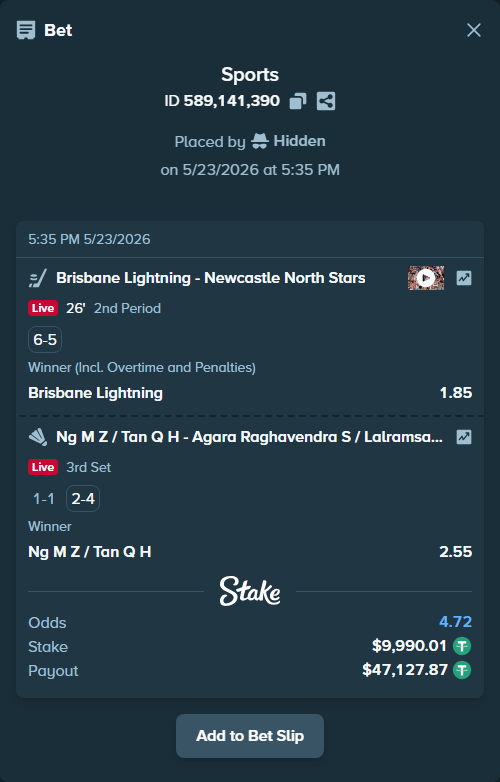 Bet slip: Ng M Z / Tan Q H - Agara Raghavendra S / Lalramsanga C, $10,000.00 stake at 2.55 odds, placed by Hidden