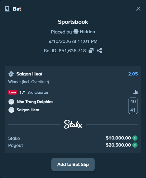 Bet slip: Nha Trang Dolphins - Saigon Heat, $10,000.00 stake at 2.05 odds, placed by Hidden