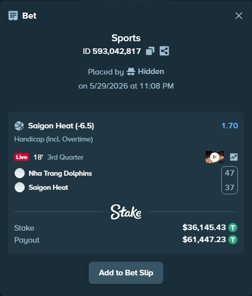 Bet slip: Nha Trang Dolphins - Saigon Heat, $36,181.57 stake at 1.70 odds, placed by Hidden