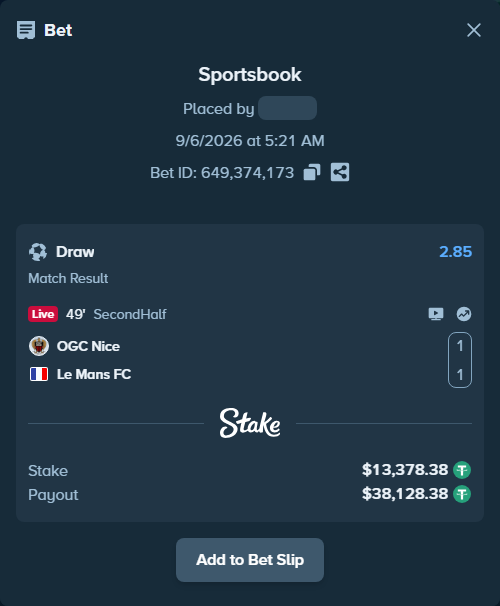 Bet slip: Nice - Le Mans, $13,377.04 stake at 2.85 odds, placed by partizanti22