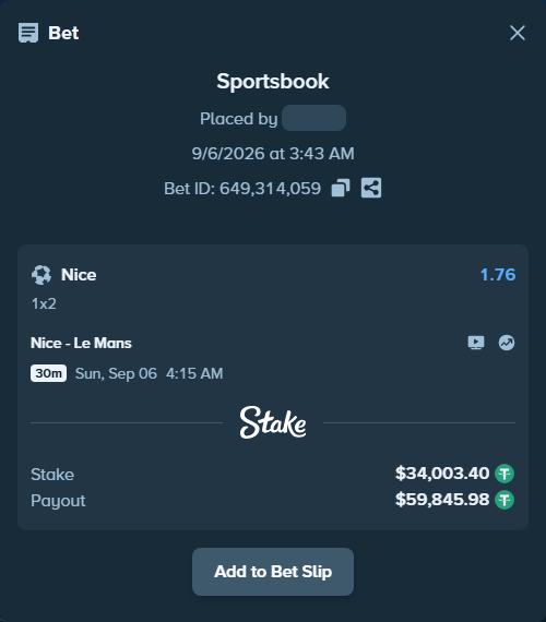 Bet slip: Nice - Le Mans, $34,000.00 stake at 1.76 odds, placed by lvlv2003