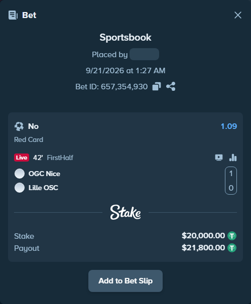 Bet slip: Nice - Lille, $20,000.00 stake at 1.09 odds, placed by Usklood