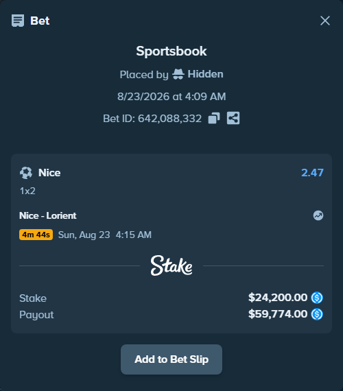 Bet slip: Nice - Lorient, $24,200.00 stake at 2.47 odds, placed by Hidden