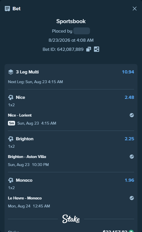 Bet slip: Nice - Lorient, $32,157.82 stake at 2.48 odds, placed by partizanti22