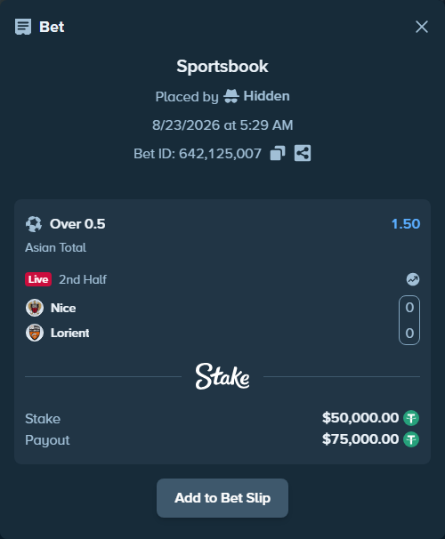 Bet slip: Nice - Lorient, $50,000.00 stake at 1.50 odds, placed by Hidden