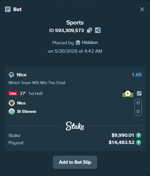 Bet slip: Nice - St Etienne, $10,000.00 stake at 1.65 odds, placed by Hidden