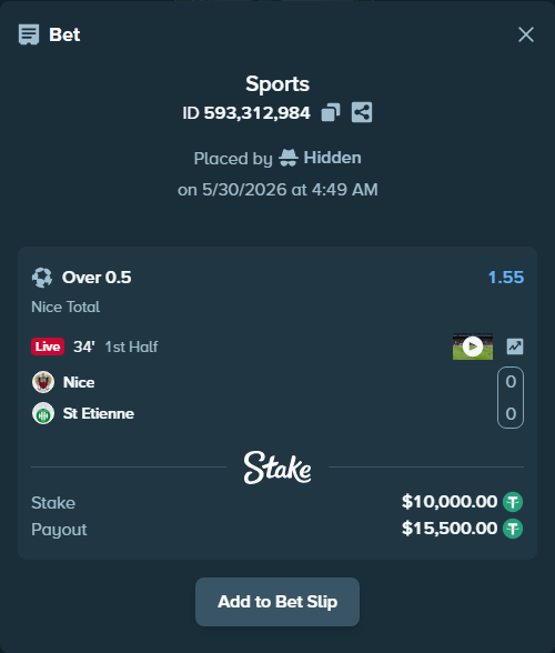 Bet slip: Nice - St Etienne, $10,010.00 stake at 1.55 odds, placed by Hidden